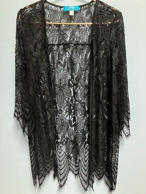 Black Lace Open-Front Kimono Cardigan